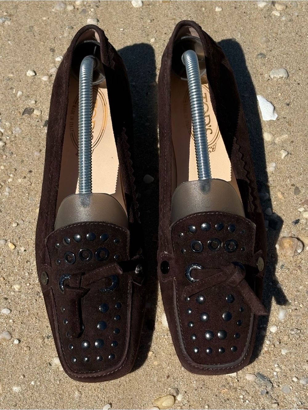 Vintage Tod’s Women’s Brown Suede Studded Bow Driver Loafer Flats, US 10, EU 40